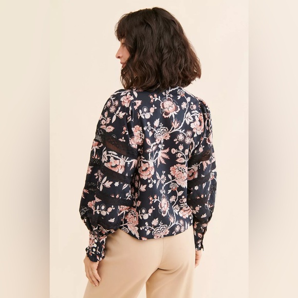 Love the label Floral balloon Puff Sleeve Blouse cottagecore poplin lace boho s - Picture 4 of 10